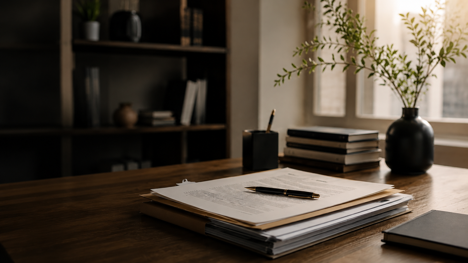 Escritorio de estudio jurídico con notebook, documentos y contratos, en un ambiente cálido y luminoso